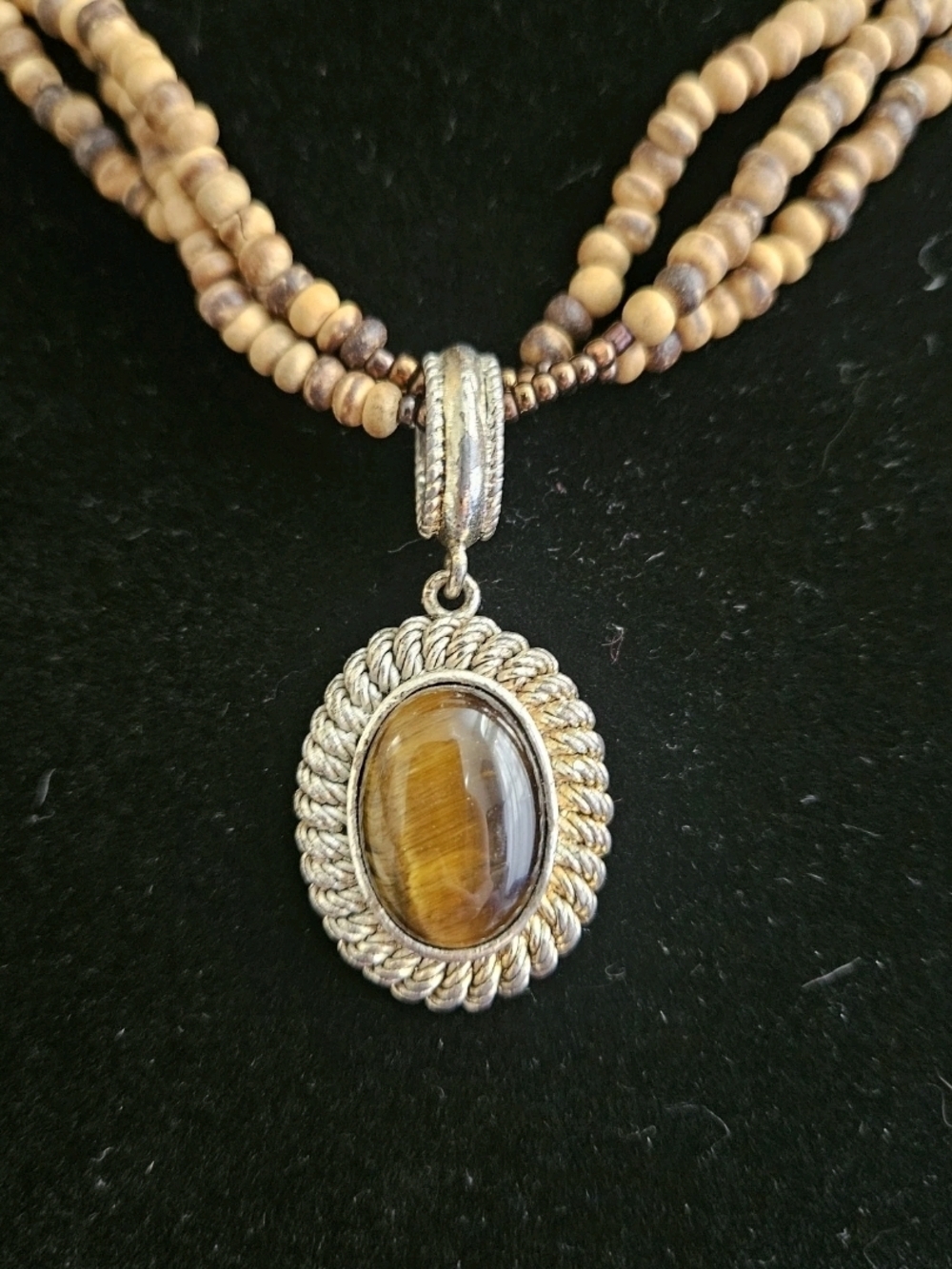 Avon SP Faux Tiger's Eye NECKLACE & EARRINGS, Wood & Glass Beads, Multi Strand - Picture 2 of 3